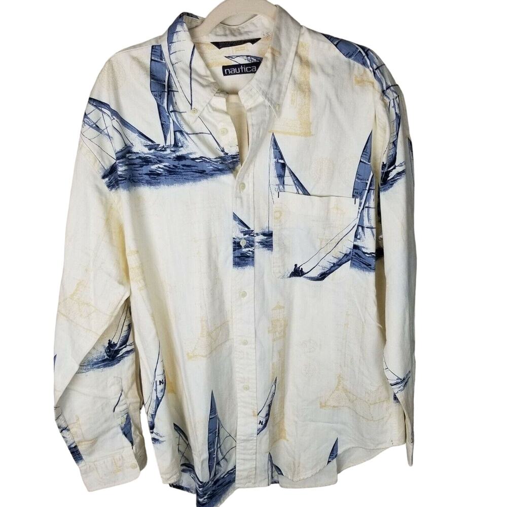 Vintage Nautica Mens Sailboat Print Shirt Size L Preppy All Over Print Coastal